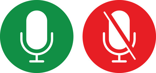 Microphone and mute microphone icon set. Silent audio or sound symbol. Green microphone and red mute microphone icons collection