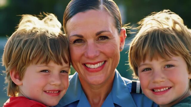 smiling female soldier in military uniform embraces her two happy sons. heartwarming family portrait, moment of reunion and love. motherhood, service, and patriotism.