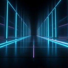 Naklejka premium Futuristic Urban Landscape with Neon Lights, Abstract Elements, and Reflections in a Digital Space