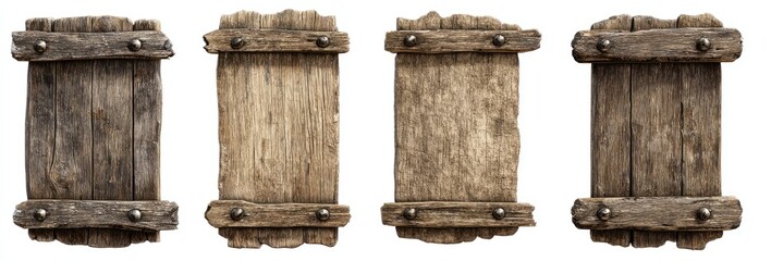 Four weathered wooden signs,  rectangular in shape,  with metal bands and  nails