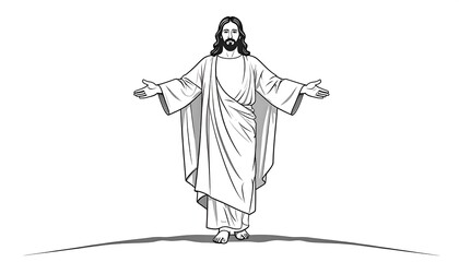 Black and White Illustration of Jesus Christ with Open Arms