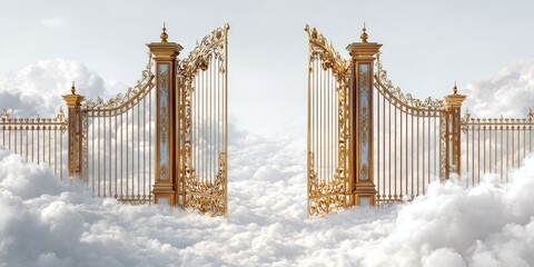 Fototapeta premium Golden Gates to Heaven A grand, ornate golden gate, adorned with intricate details, stands open over fluffy white clouds. 
