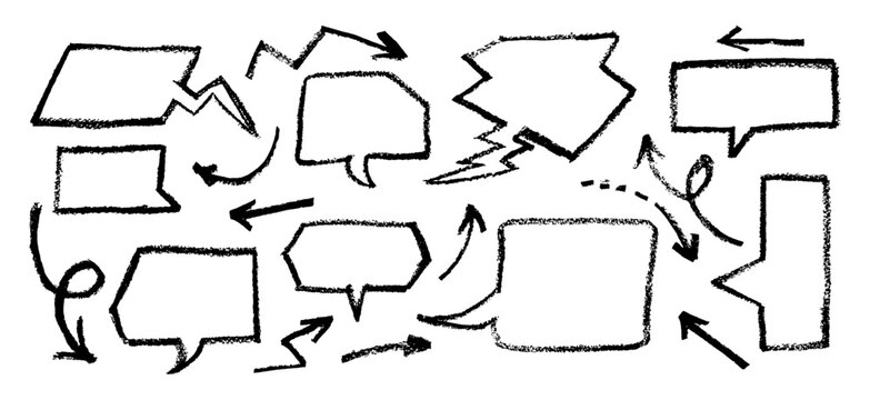 Crayon drawing speech buble set with graffiti style arrows. Collection of hand drawn chalk elements. Vector black charcoal handwriting comic text clouds in doodle style on blackboard. Grunge texture.