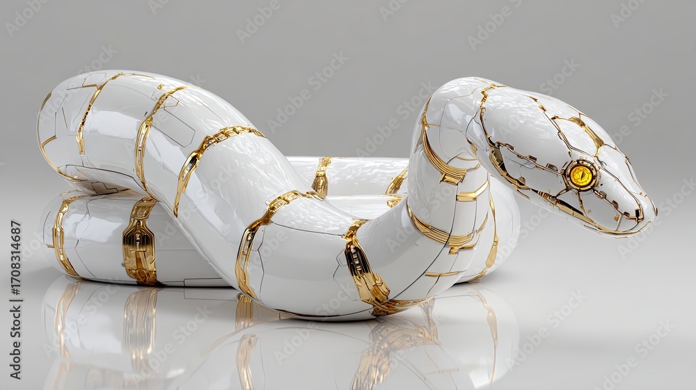 Poster robotic snake with golden accents. artificial intelligence concept. automation and futuristic techno