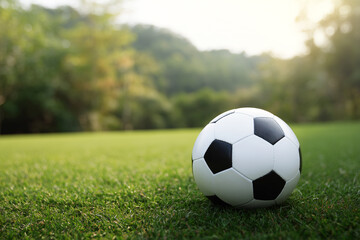 Obraz premium Soccer ball resting on green grass in a serene outdoor setting