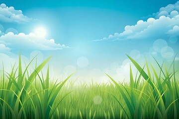 Obraz premium Vibrant green grass field under a bright blue sky with fluffy clouds