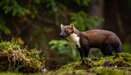 Pine marten, with brown fur and white bib, stands in a mossy forest environment