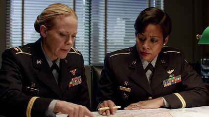 two diverse female us army officers in uniform planning military strategy over map. one captain briefs her colleague during serious mission discussion. teamwork, leadership, and women in armed forces - Powered by Adobe