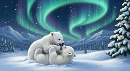 Fototapeta premium Playful White Polar Bear Cubs Romping in Snowy Arctic Landscape with Northern Lights