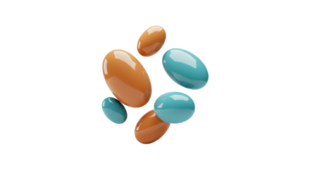 Glossy teal and orange oval pills or candies float gracefully against a pristine white background, symbolizing health, wellness, or delightful sweet indulgence.