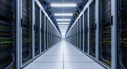 High-Tech Data Center with Server Racks and Networking Cables for Modern Technology Infrastructure