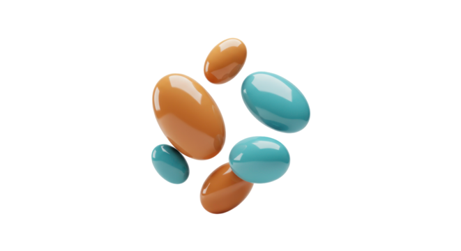 Glossy teal and orange oval pills or candies float gracefully against a pristine white background, symbolizing health, wellness, or delightful sweet indulgence.