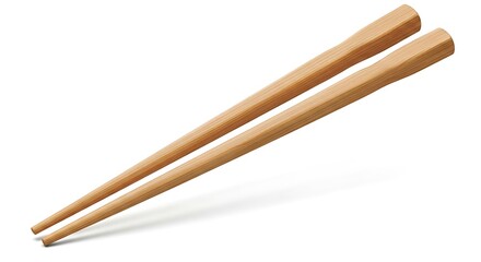 A pair of natural wooden chopsticks extends diagonally against a stark white background.