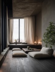 Tranquil room with floor cushions and large window.