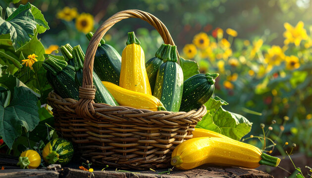 Basket of Freshly Picked Zucchini and Yellow Squash in a Sunny Garden, Locally Grown Vegetables and Summer Harvest Arrangement
