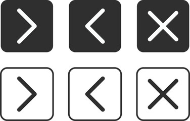 Previous next and close page button set. Chevron lest, right symbol