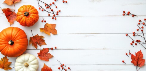 Autumn pumpkins with orange and white gourds, red berries, and colorful leaves on rustic white wood background, perfect for seasonal banners and thanksgiving invitations
