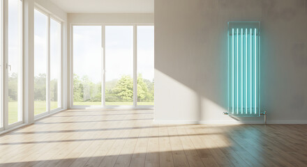 Fototapeta premium Futuristic glass vertical radiator glowing blue light in Scandinavian style wooden interior with copy space