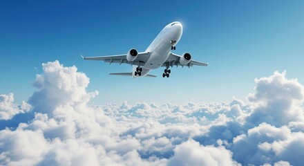 Obraz premium Modern business jet soaring through clouds above a futuristic city, symbolizing travel and lifestyle, with abstract nature background and technology integration, for people's modern life and fashion