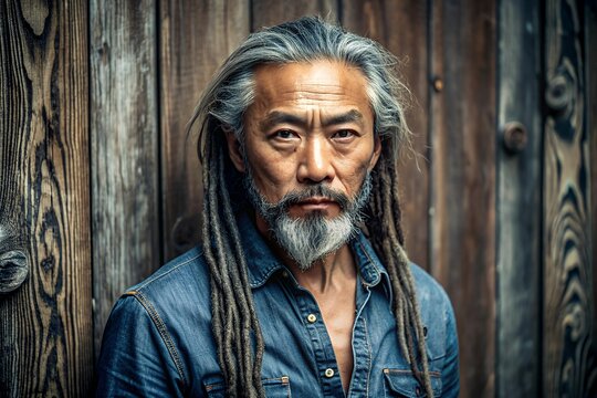 Elderly Asian man with long dreadlocks wearing denim shirt outdoors