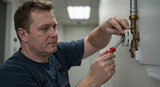 European male plumber repairing broken thermostat with focus on work and tools