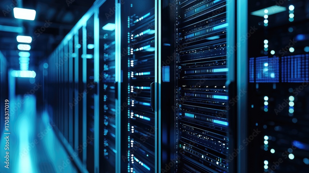 Poster modern data center server racks with glowing blue lights in secure it environment, ideal for technol