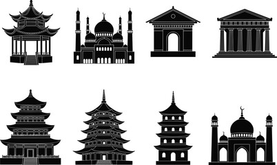 Historic architecture vector set, iconic world landmarks, black temple silhouettes, mosque and pagoda designs, cultural building icons for travel, tourism, and education
