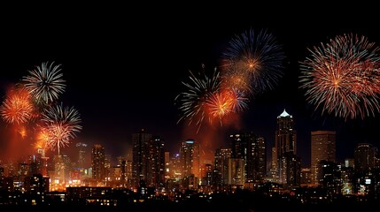 Naklejka premium City skyline glowing with golden and red fireworks in night sky. New Year celebration background