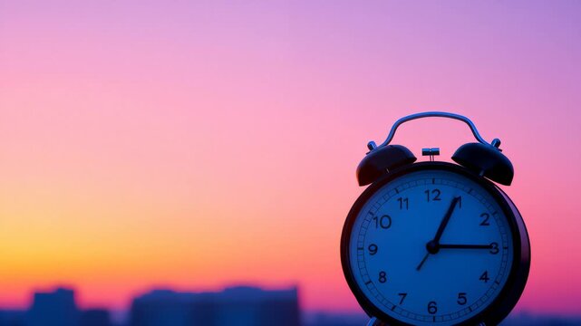 Classic alarm clock against a colorful sunrise sky. Concept of daylight saving time, time change, early morning, productivity, and seasonal transition