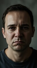 Fototapeta premium Close-up portrait of a man with a somber expression, displaying a thoughtful and melancholic mood. His neutral face, set against a muted backdrop, evokes a sense of quiet contemplation.