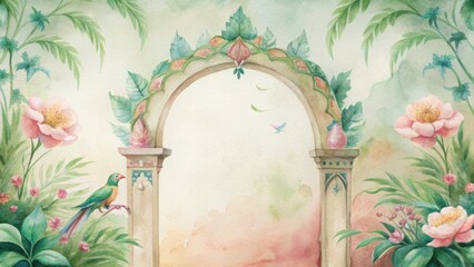 Elegant oriental archway adorned with lush intricate flora and delicate flowers
