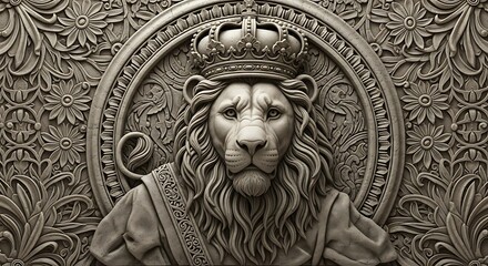 Majestic Lion King Sculpture with Ornate Floral Background