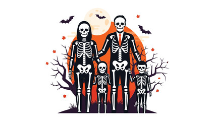 Skeleton Family Illustration: A captivating illustration features a skeleton family, standing united under a spooky scene, perfect for Halloween.