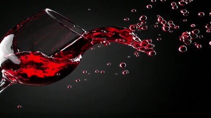 Red wine pouring from a glass with splashes against a dark backdrop - Powered by Adobe