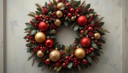 Timeless Christmas Wreath with Red and Gold Ornaments and Holly Berries