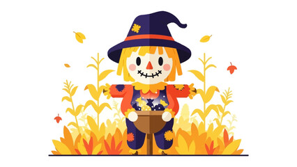 Autumnal Protector: A charming scarecrow, adorned with a witch hat, stands vigil in a vibrant cornfield, symbolizing the season's harvest and festivities.