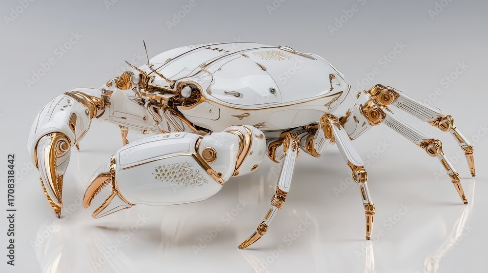 Poster robotic crab with shiny shell and gold details. advanced technology and engineering concept. sci-fi 