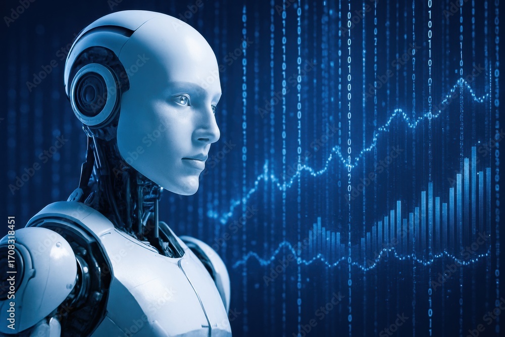 Aufkleber a futuristic robot with a sleek design analyzes data represented by digital graphs and binary code i