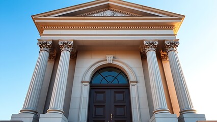 Obraz premium Classical architectural doorway with elegant columns under a clear blue sky, embodying timeless sophistication.