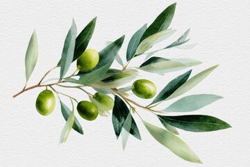Watercolor olive branch with fruit and leaves