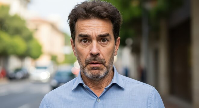 A middle-aged man with a surprised expression stares directly at the camera, set against a softly blurred urban backdrop.