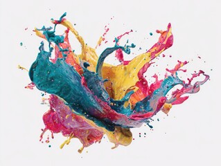 Vibrant multicolored paint splashes explode outward on a white background