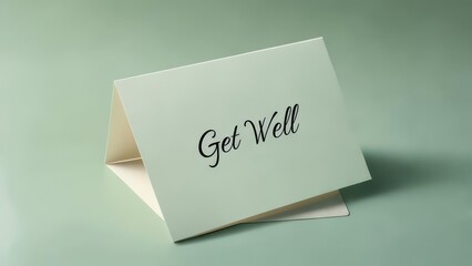 A pale-green folded greeting card rests on a matching surface.  The card features simple, elegant black cursive lettering reading "Get Well".  Soft shadows are visible