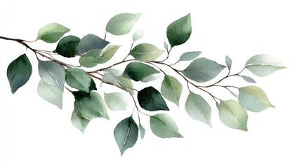 Watercolor illustration of a delicate branch with various shades of green leaves