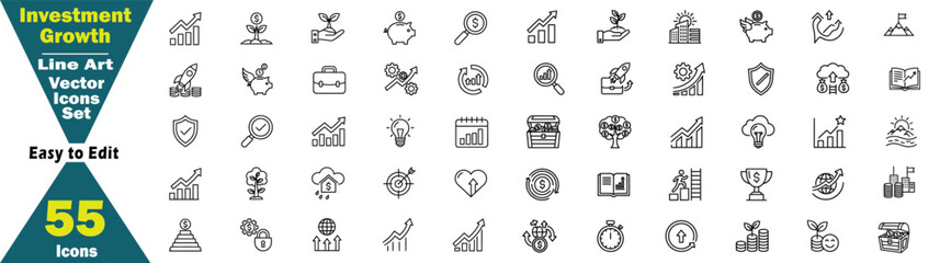 Investment Growth and Financial Concepts Line Icon set. 55 Line Art Vector Icons for a collection of business, money, coin, chart, graph, plant, seedling, piggy bank illustration vector. 