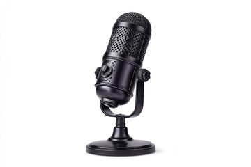 Black vintage-style microphone on stand.  Glossy dark gray/black finish,  retro design,  isolated on white background