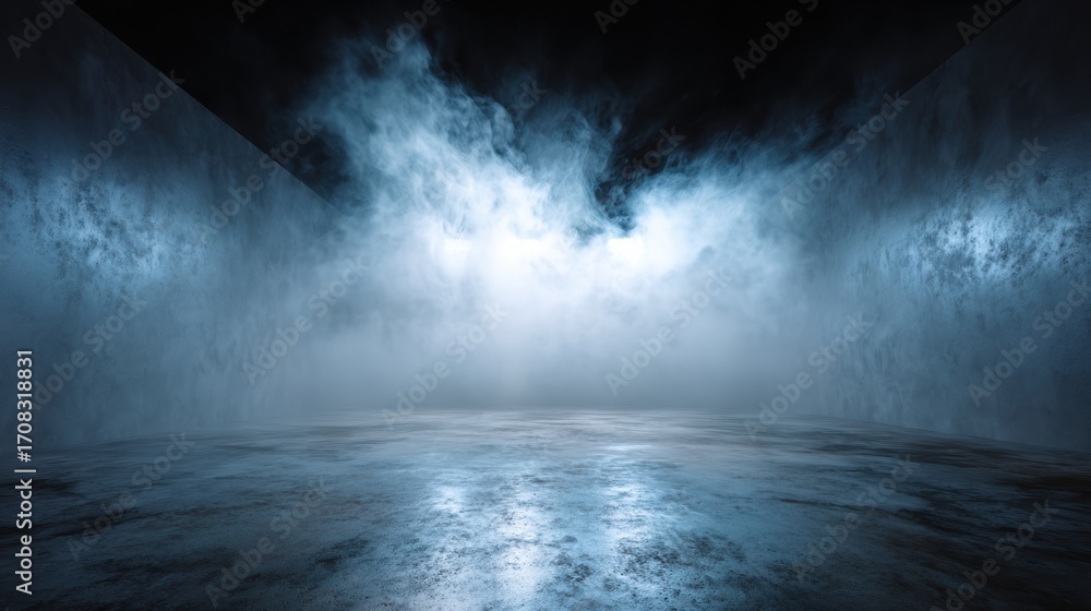 Poster a misty, atmospheric scene with illuminated walls, reflecting light on a smooth surface, creating a 