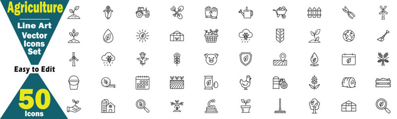 Agriculture Line Art Vector Icons Set. With 50 Icons farming farm in tractor, barn, scarecrow, watering can, plant, seedling, wheat, corn, shovel, wheelbarrow, fence, rain, sun, hat illustration. 
