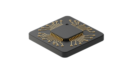 This sophisticated 3D rendered microchip, featuring intricate gold circuitry on a dark square substrate, symbolizes advanced technology and digital innovation.