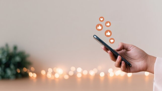 A hand holding a smartphone displays social media icons, representing engagement and interaction, with a soft background of bokeh lights.